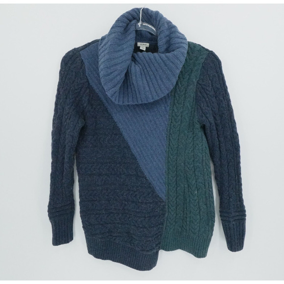 LL Bean Womens Medium Blue Wool Blend Sweater Cable Knit Cowl Neck Asymmetric - Picture 1 of 14